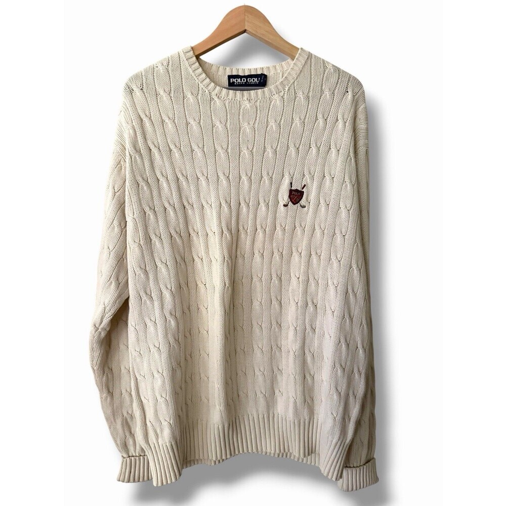 Vintage 1990s Polo Golf Ralph Lauren Cable Knit Sweater Beige XL Plaid Crest